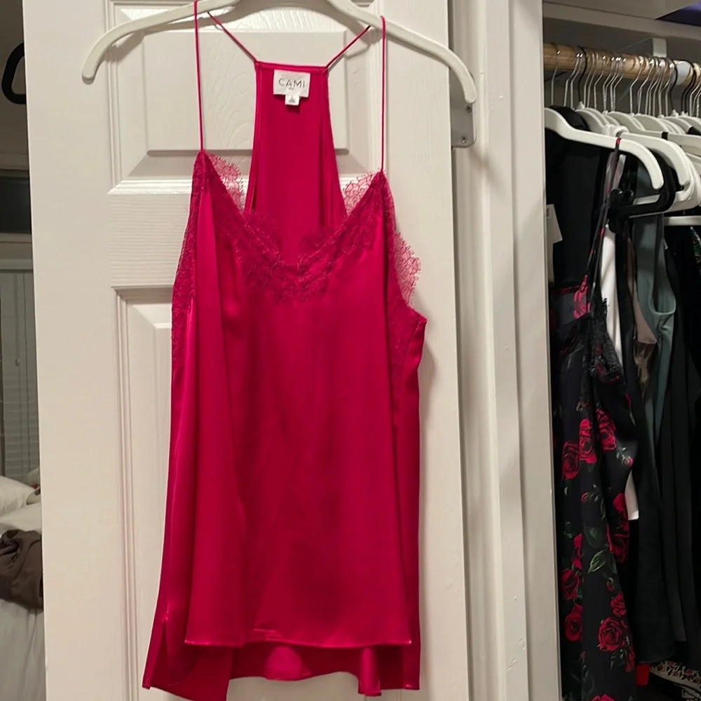 CAMI NYC Racer Charmeuse Cami in Hot Pink with Lace Trim - Picture 1 of 4